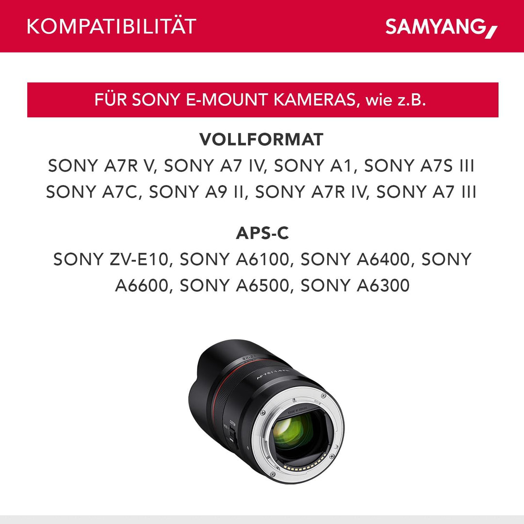 Samyang AF 75mm F1.8 FE (Tiny but Absolute) – Porträt Objektiv Autofokus Vollformat und APS-C Festbr