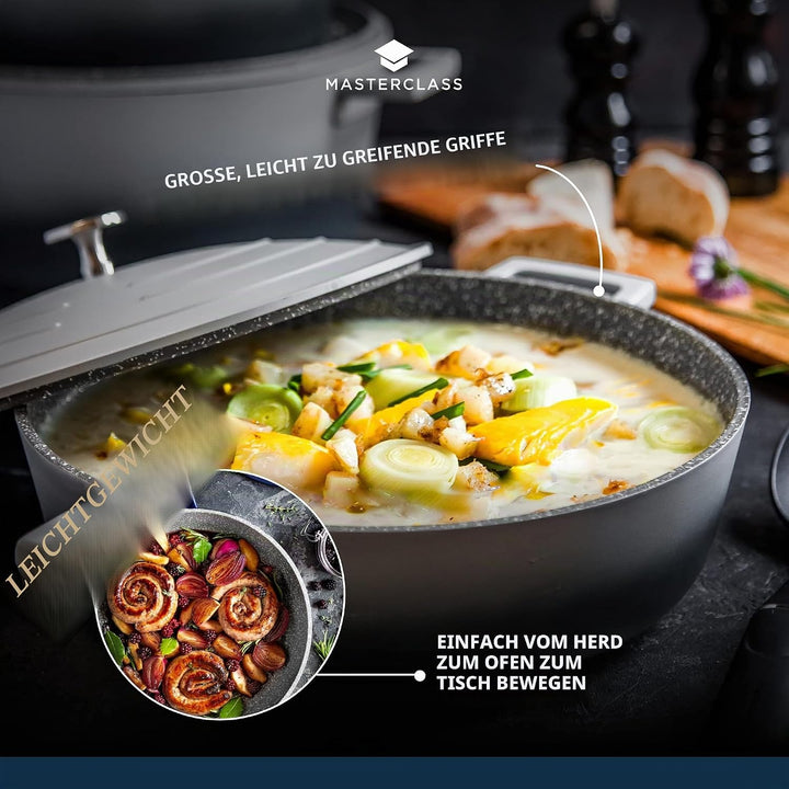 MasterClass Flache Bratpfanne mit Deckel, 4 l/28 cm, leichter Aluminiumguss, induktionsgeeignet und