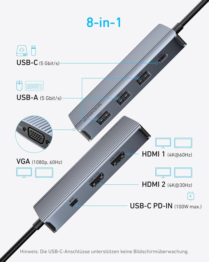 Anker 8-in-1 USB-C Hub, USB C Dockingstation Triple Display Multi-Port Dongle mit 2 HDMI und VGA, 5