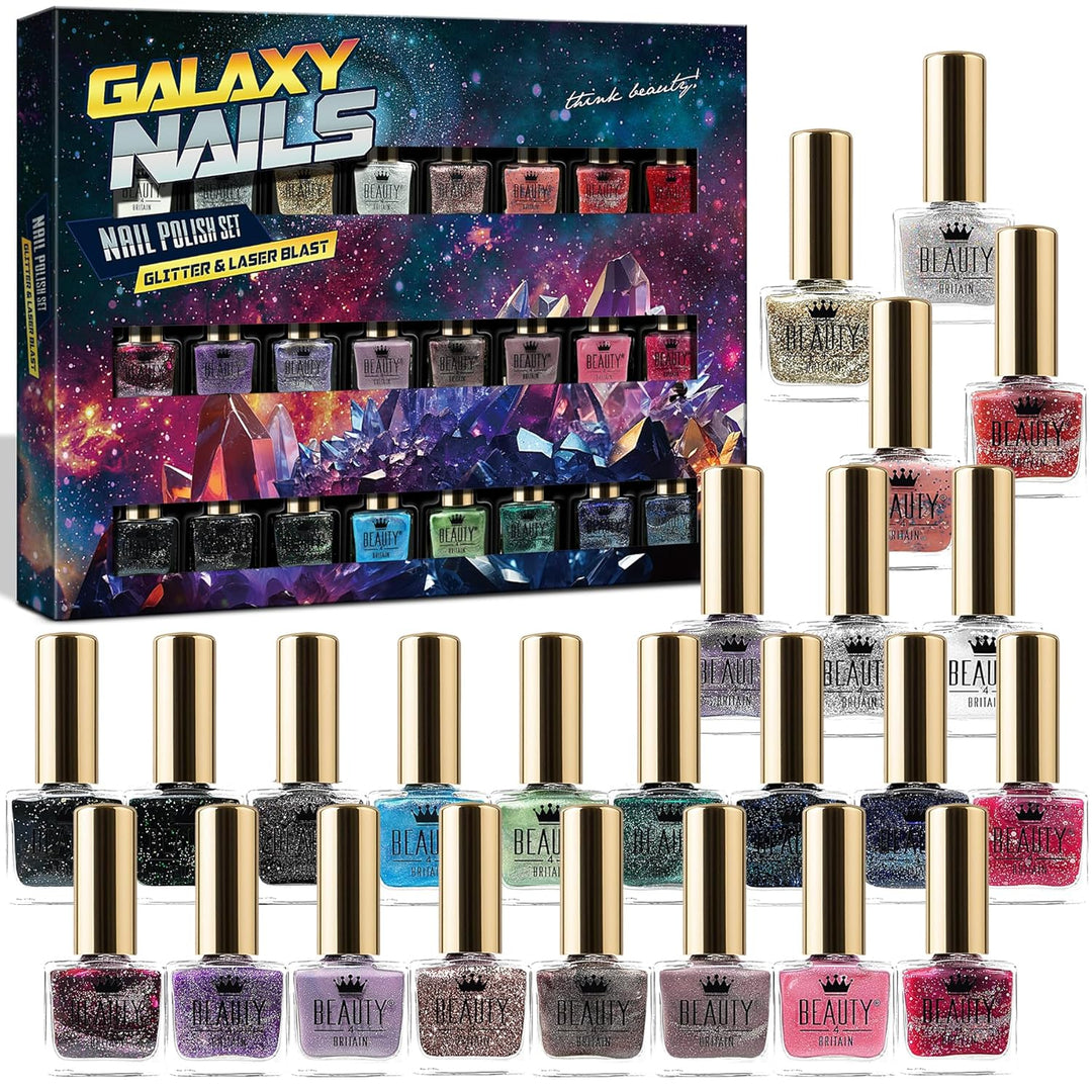Set aus 24 Glitzer-Nagellacken – 24 Faszinierende Farbtöne in einer Kosmischen Box – 6.5 ml Fläschch