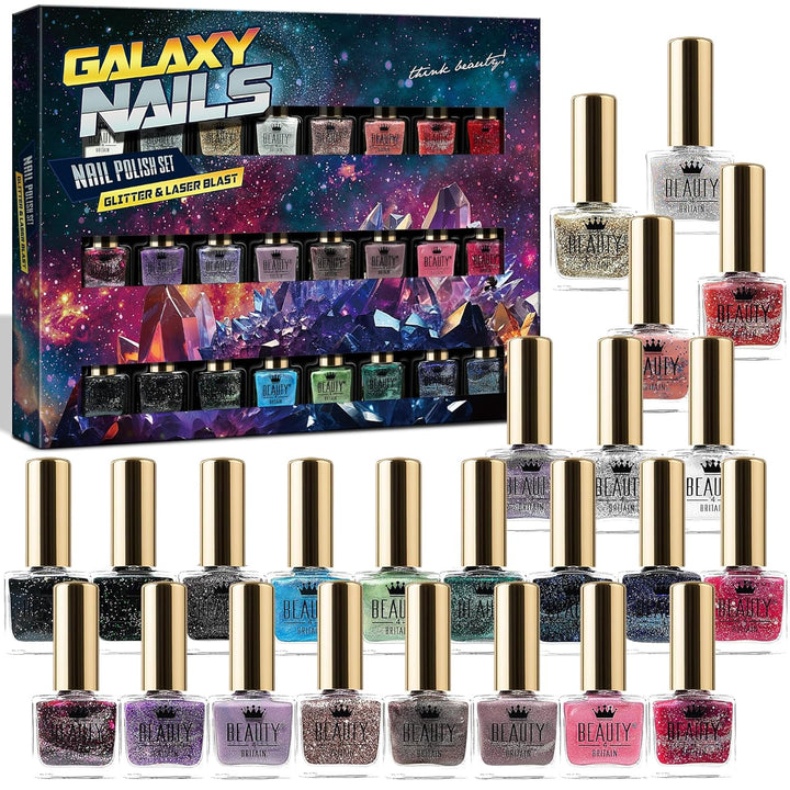 Set aus 24 Glitzer-Nagellacken – 24 Faszinierende Farbtöne in einer Kosmischen Box – 6.5 ml Fläschch