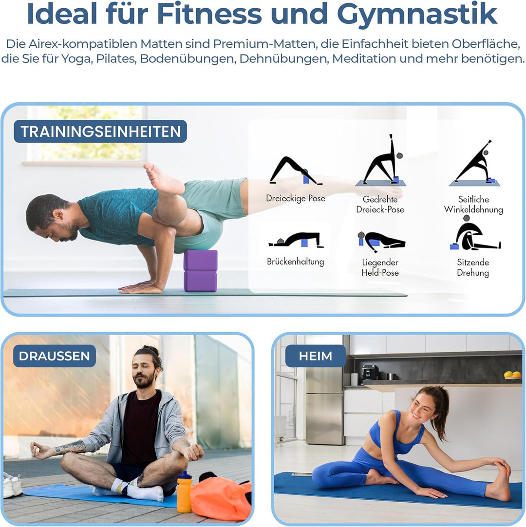 Habib Yogamatte Set mit Yogablöcken – Rutschfeste gepolsterte Fitnessmatte inkl. Tragetasche mit Sch