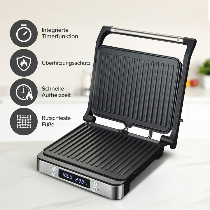 Olvy Sandwichmaker XXL, Digitaler Kontaktgrill mit Antihaftplatten, 3-in-1 Panini Maker, 180° offene