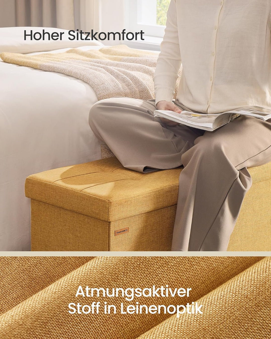 SONGMICS Sitzhocker mit Stauraum, klappbare Sitzbank, 38 x 110 x 38 cm Fussbank, Aufbewahrungsbox, b