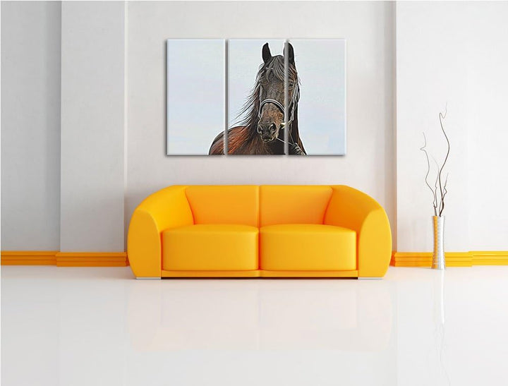 Wilder Hengst 3 Teilig, Gesamtgrösse 120x80 cm auf Leinwand, XXL riesige Bilder fertig gerahmt mit K