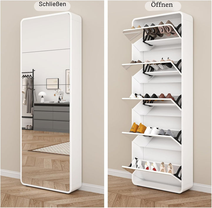 Spiegel-Schuhschrank mit 5 Flip-Schubladentüren, freistehender Schuhregal, schmaler Schuh-Organizer-
