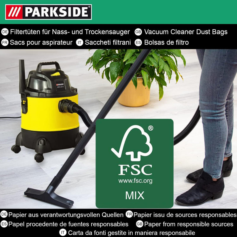 10 Original Parkside Lidl Staubsaugerbeutel für Nass-Trocken-Sauger PWD 25, 30, PNTS 23, 30, 1400, 1