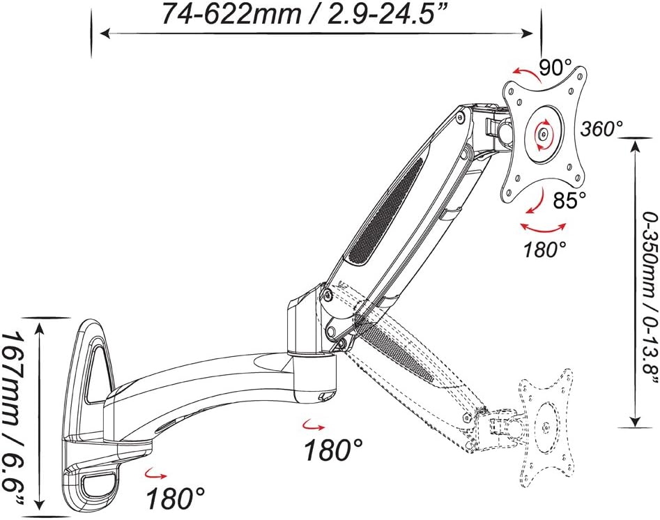 HFTEK - Monitor TV Wand Halterung Halter - mit Gasdruckfeder bis 8 kg belastbar - Wandhalterung für