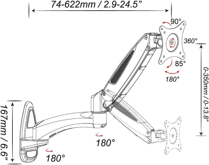 HFTEK - Monitor TV Wand Halterung Halter - mit Gasdruckfeder bis 8 kg belastbar - Wandhalterung für