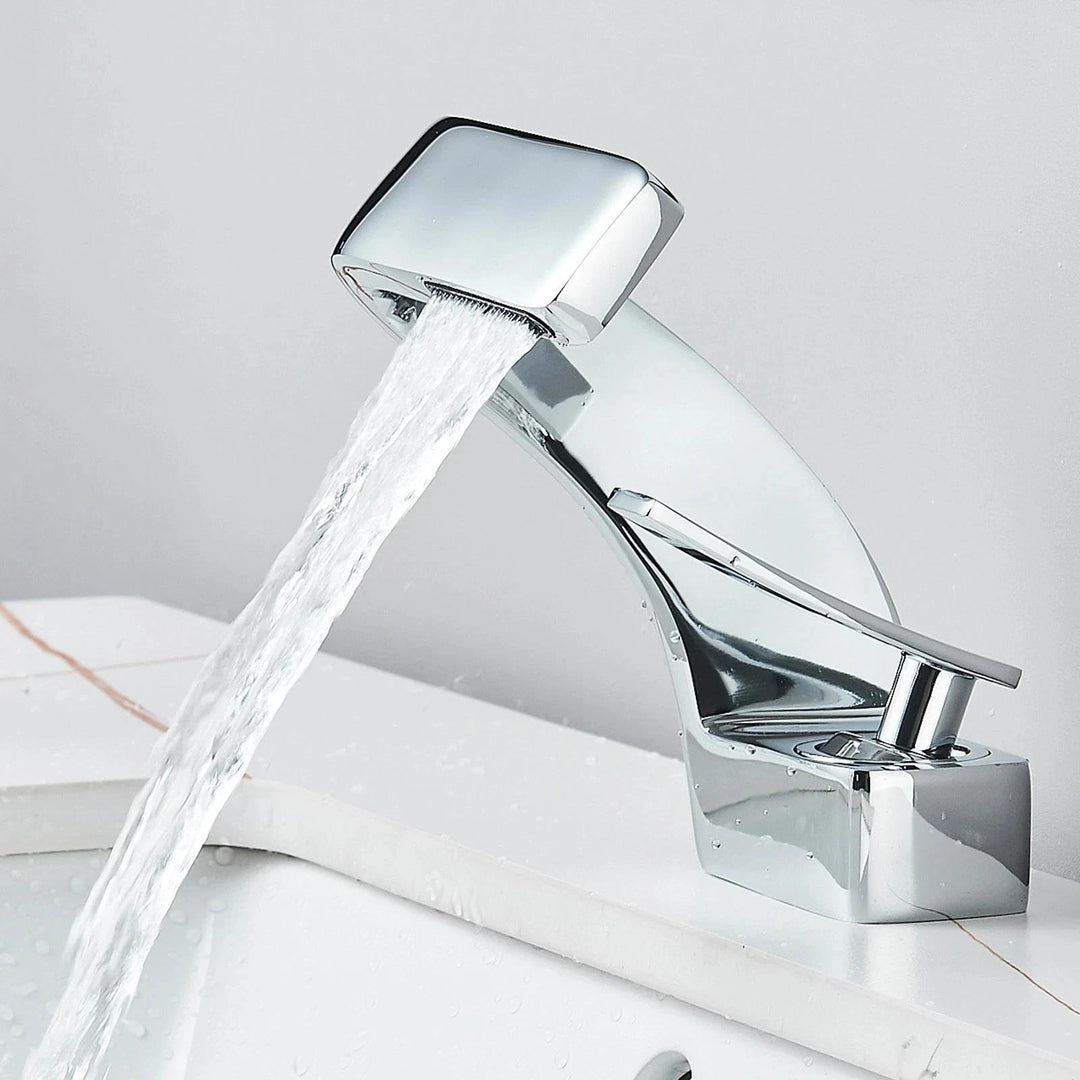 Waschtischarmatur, Wasserfallarmatur, Einhebelmischer Silber Messing, 360° schwenkbar – Armatur Bade