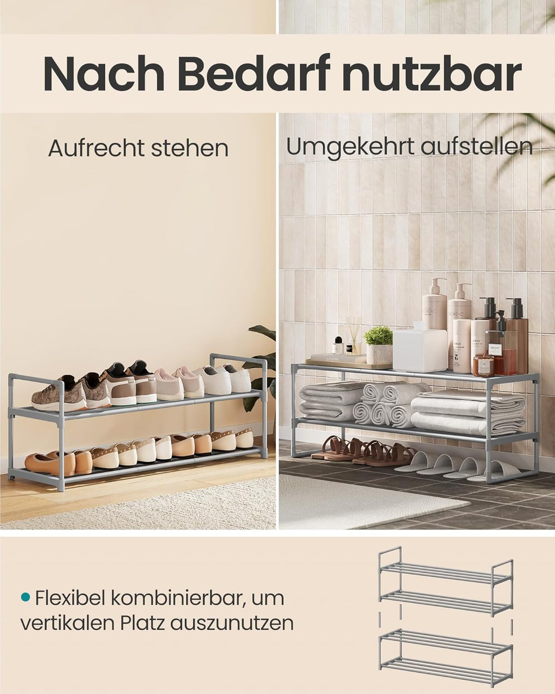 SONGMICS Schuhregal 2 Ebenen, Schuhständer Metall, Schuhaufbewahrung, Schuh-Organizer, aufrecht oder