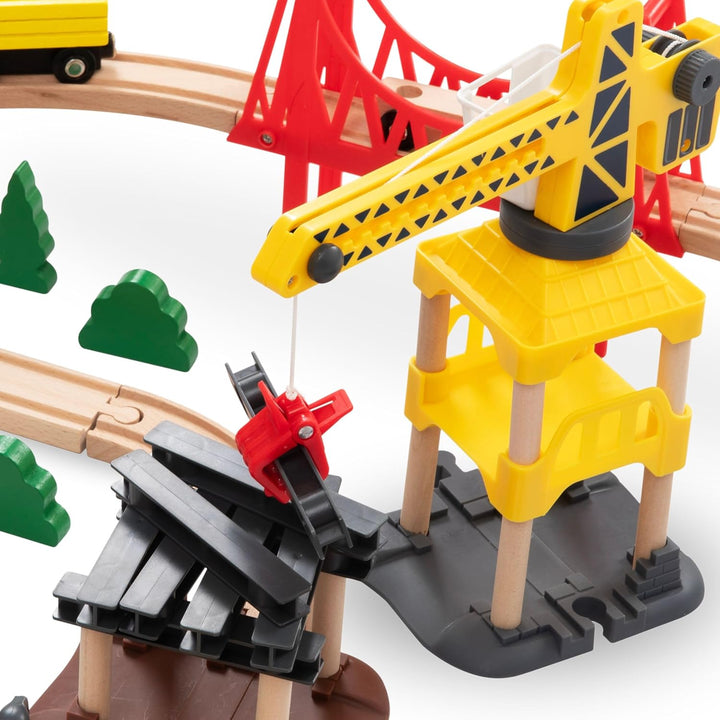 Mamabrum Holzeisenbahn Batteriezug Set - Stadt mit Flugterminal, Kran, Züge, Figuren, Spuren & Leuc