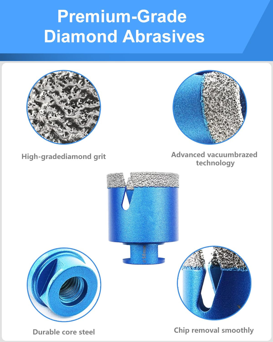 Diamant Bohrrone Fliesenbohrer 50mm mit M14 Gewinde für Trockenbohren in Porzellan, Fliesen, Granit,