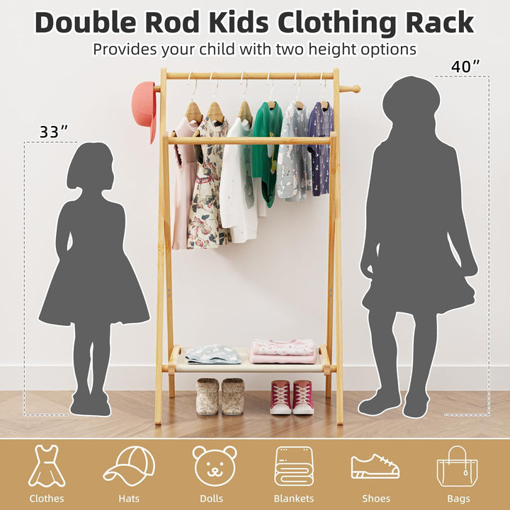 BAMBOOHOMIE Kinderkleiderständer, Kostümständer für Kinder, mit Regal und Doppelstangen, zusammenkla