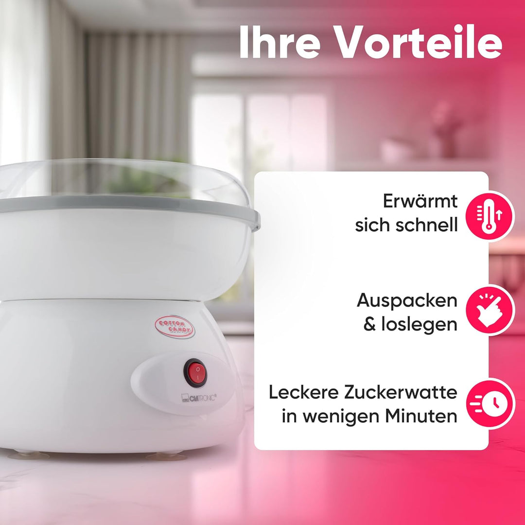 Clatronic Zuckerwatten-Maker | Süsse Leckereien für jede Party | Zuckerwattemaschine mit Quarz-Heize