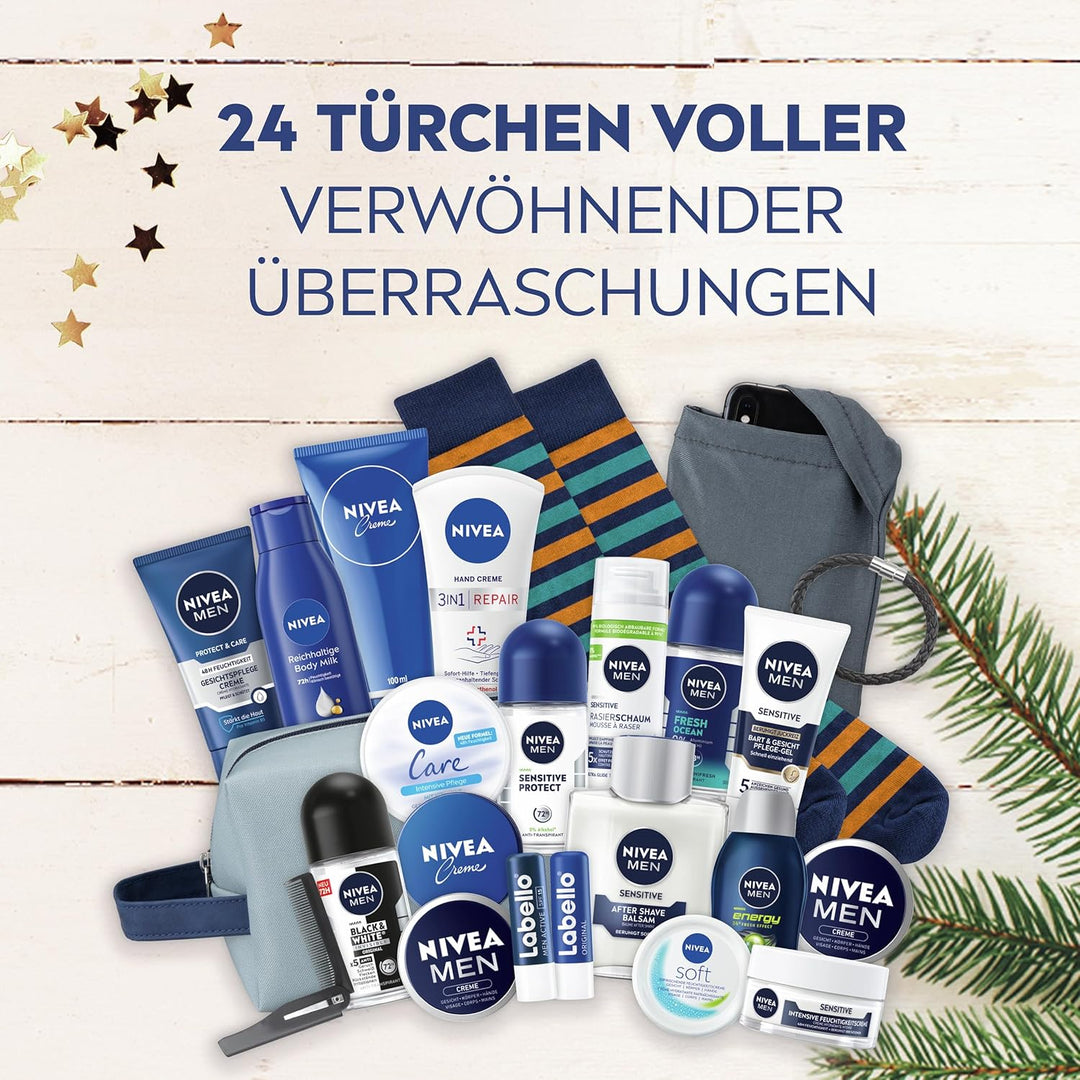 NIVEA MEN Adventskalender 2025-24 Türchen mit verwöhnenden Überraschungen, Weihnachtskalender mit Pf