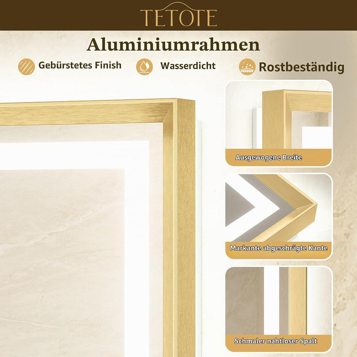 TETOTE Badspiegel mit Beleuchtung Gold Metallrahmen 120x80cm, Badezimmerspiegel Beleuchtet Beschlagf