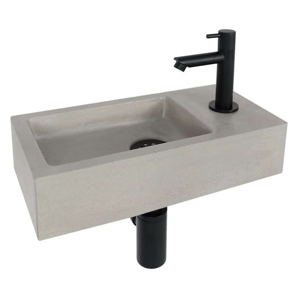 Differnz Jukon Waschbecken klein, Handwaschbecken Beton Grau, Armaturen Matt Schwarz, Gerade Wasserh