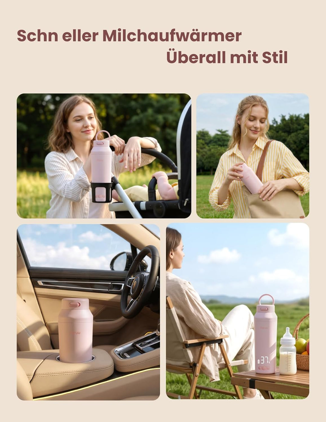 Paruu Tragbarer Flaschenwärmer Baby Unterwegs, Schnellaufheizen in 2 Min, 7-Stufige Temperaturregelu