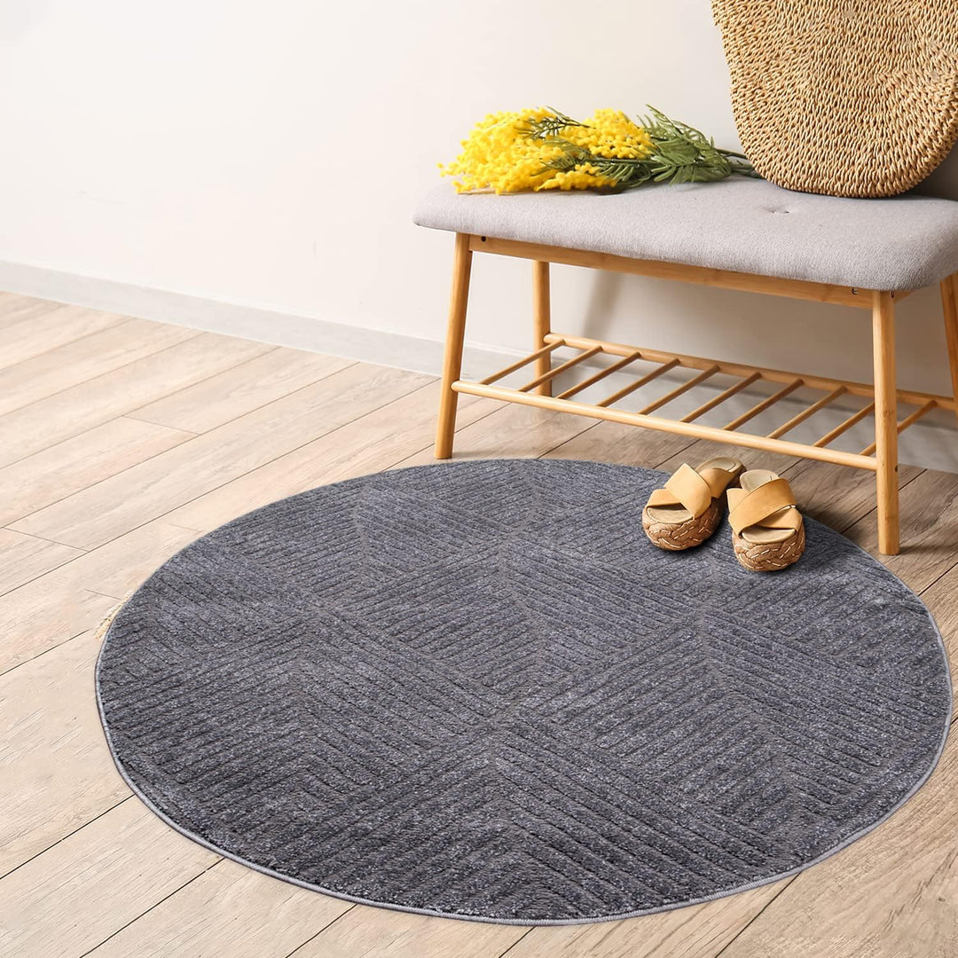 payé Teppich Rund Kurzflor - 160x160cm - Grau - Einfarbig Uni Geometrisch Wellen Muster Modern Wohnz