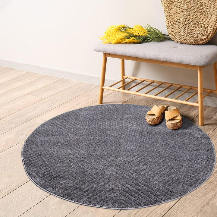 payé Teppich Rund Kurzflor - 160x160cm - Grau - Einfarbig Uni Geometrisch Wellen Muster Modern Wohnz