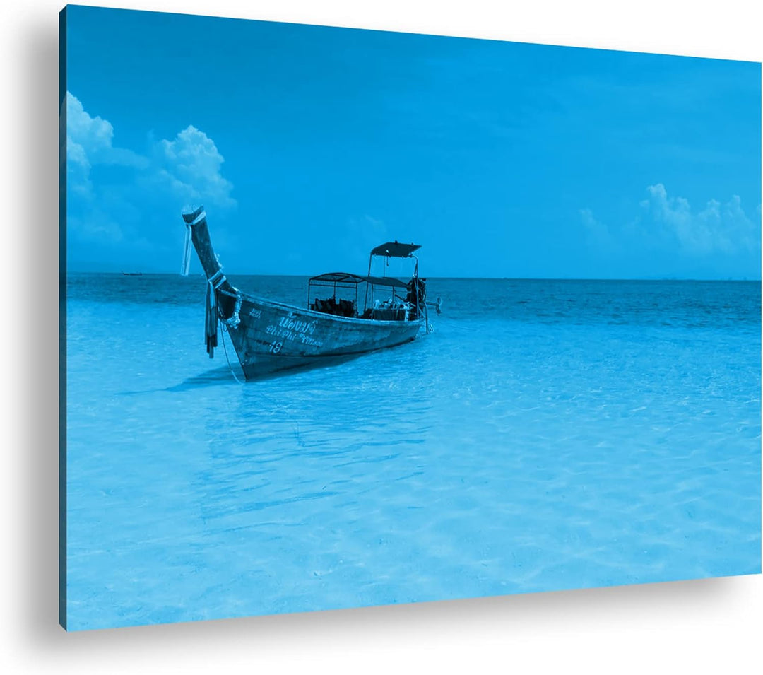 deyoli Boot am Meer Format 80x60 Effekt: Monocrome Blau als Leinwandbild, Motiv fertig gerahmt auf E