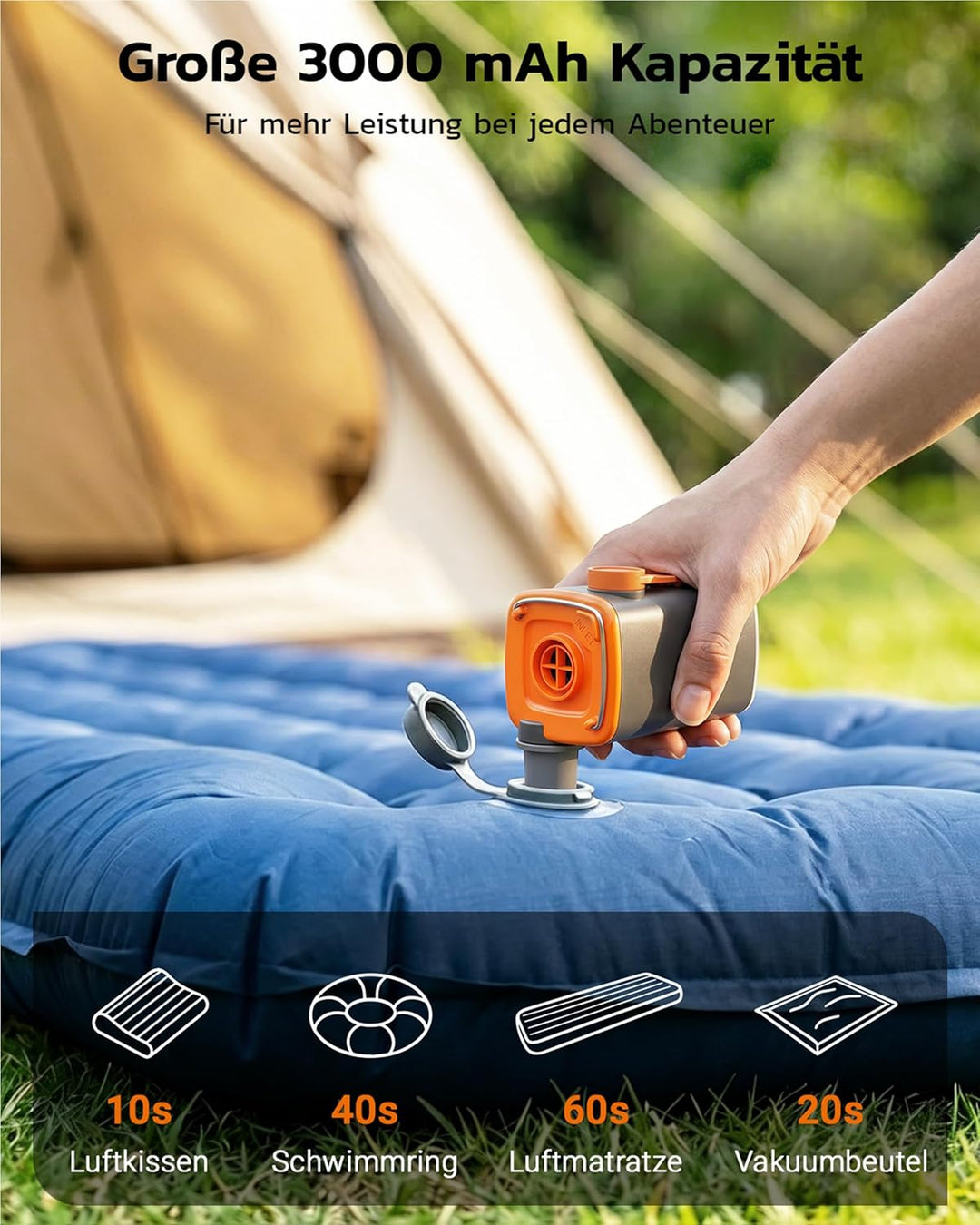 Elektrische Luftpumpe Akku, 3000mAh Mini Luftpumpe mit 4,5 kPa, 280 L/min,USB-C Aufblas- und Entlüft