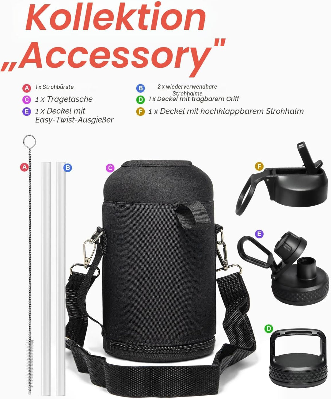 Isolierte Wasserflasche 2L, Coolflask Wasserflasche mit Strohhalm & 3 Deckeln, Isolierte Wasserflasc