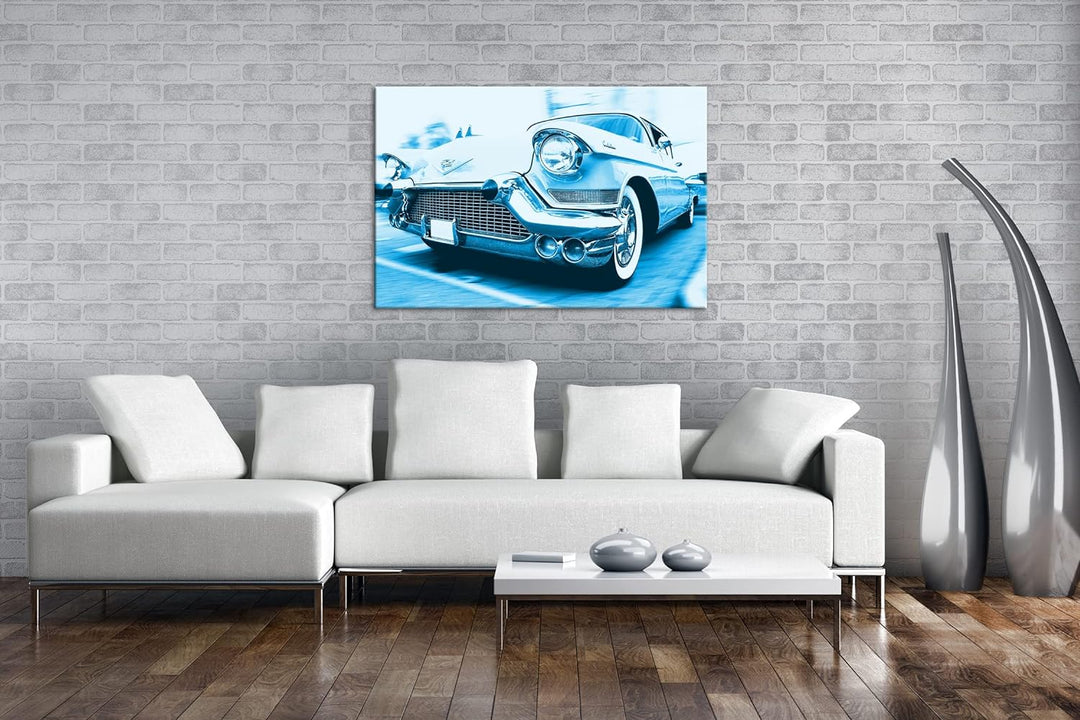 deyoli Ästhetischer Oldtimer Format 80x60 Effekt: Monocrome Blau als Leinwandbild, Motiv fertig gera