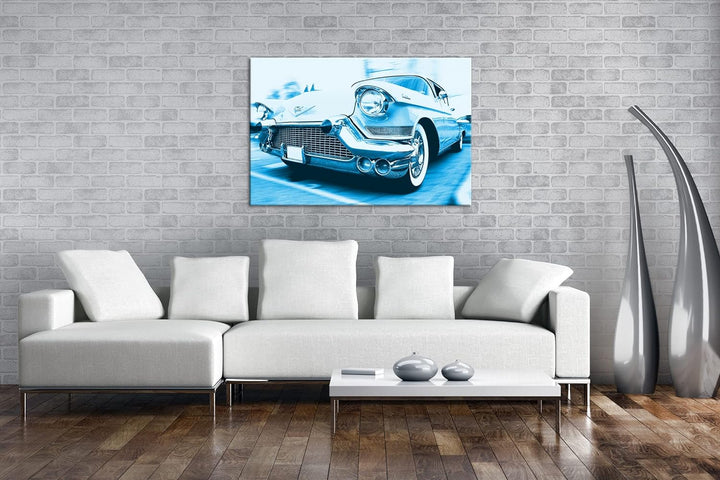 deyoli Ästhetischer Oldtimer Format 80x60 Effekt: Monocrome Blau als Leinwandbild, Motiv fertig gera