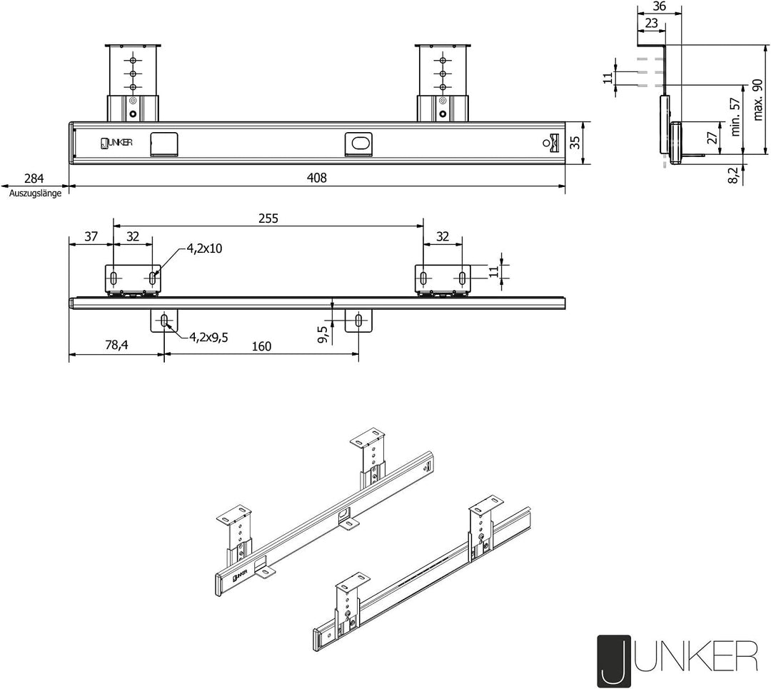 JUNKER Tastaturauszug KT1-30-H35-400-NF 400 mm schwarz (Teilauszug, mit Montagewinkel, höhenverstell
