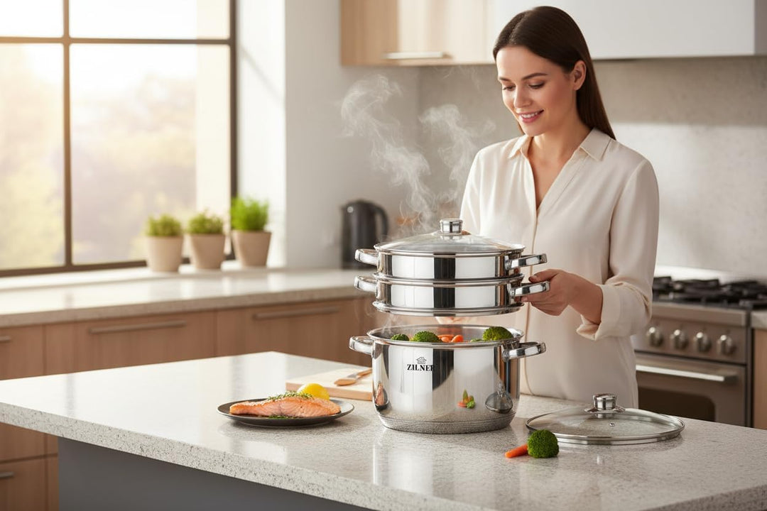 Zilner Dampfgarer Set - Topf Set 5-teilig - 24 cm - 3x Dämpfeinsatz und Glasdeckel - für alle Herdar