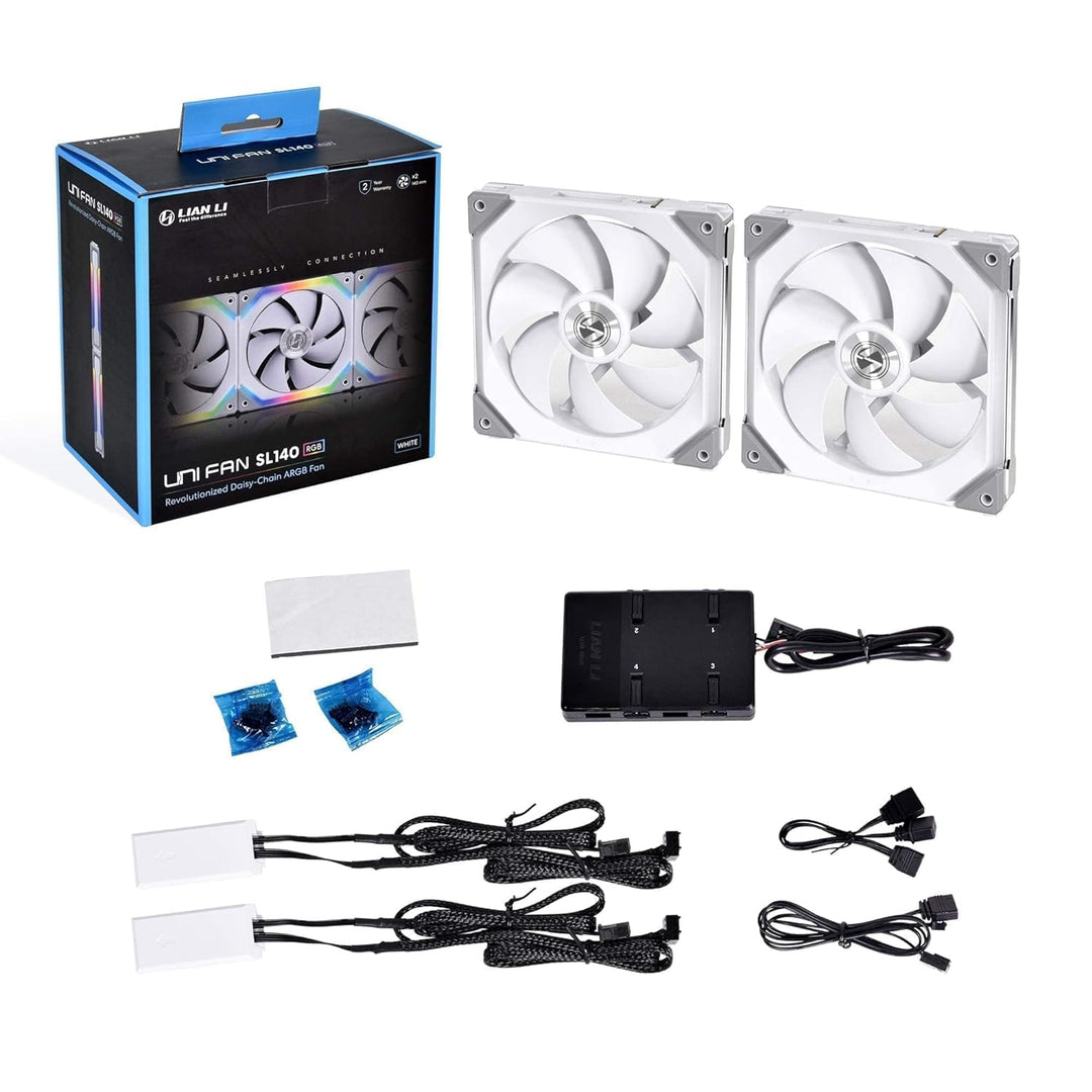 Lian Li UNI FAN SL140 PWM RGB Lüfter 140mm 2er Pack inkl. Controller, 32 Digital RGB-LEDs Lüfter 140
