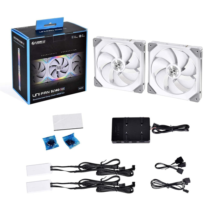 Lian Li UNI FAN SL140 PWM RGB Lüfter 140mm 2er Pack inkl. Controller, 32 Digital RGB-LEDs Lüfter 140