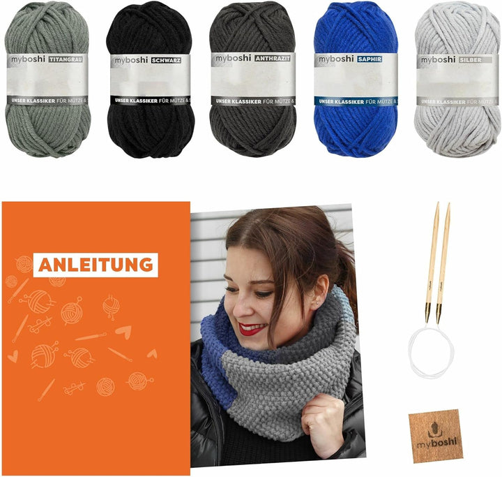 myboshi Strickset Schal New Haven, inkl. No.1 Wolle, Rundstricknadel, Anleitung und Label, Strickpak