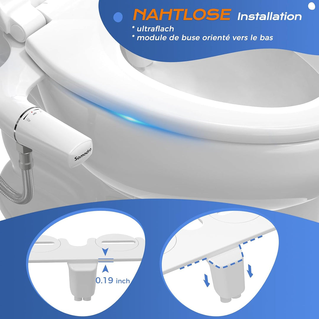 SAMODRA Ultradünnes, minimalistisches Bidet für Toilette mit nicht elektrischer Doppeldüse (Front- u