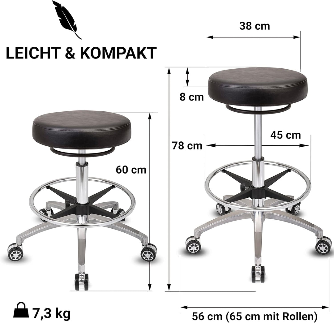 Staboos Rollhocker bis 160 kg - Rundsitz mit Ringauslösung - Drehhocker (Rollen und Fussstütze) Prax
