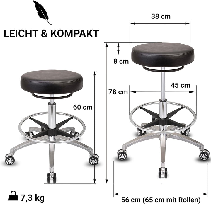Staboos Rollhocker bis 160 kg - Rundsitz mit Ringauslösung - Drehhocker (Rollen und Fussstütze) Prax
