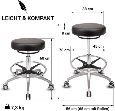 Staboos Rollhocker bis 160 kg - Rundsitz mit Ringauslösung - Drehhocker (Rollen und Fussstütze) Prax