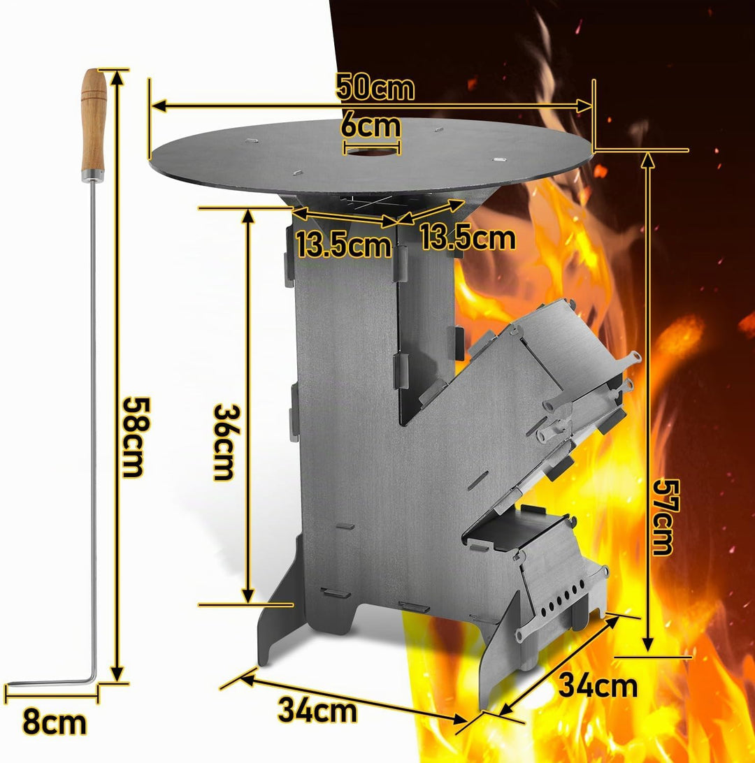 Jiubiaz Raketenofen inkl. Grillplatte Rocket Stove mit Feuerhaken und 2 zusätzlichen Standfüssen Cam