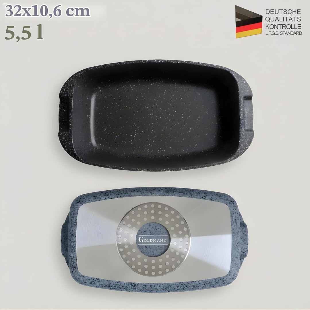 GOLDMANN Premium Bräter 32 CM – 5.5L – Aluminiumguss, Induktion, Antihaft-Marmor-Beschichtung – Aufl