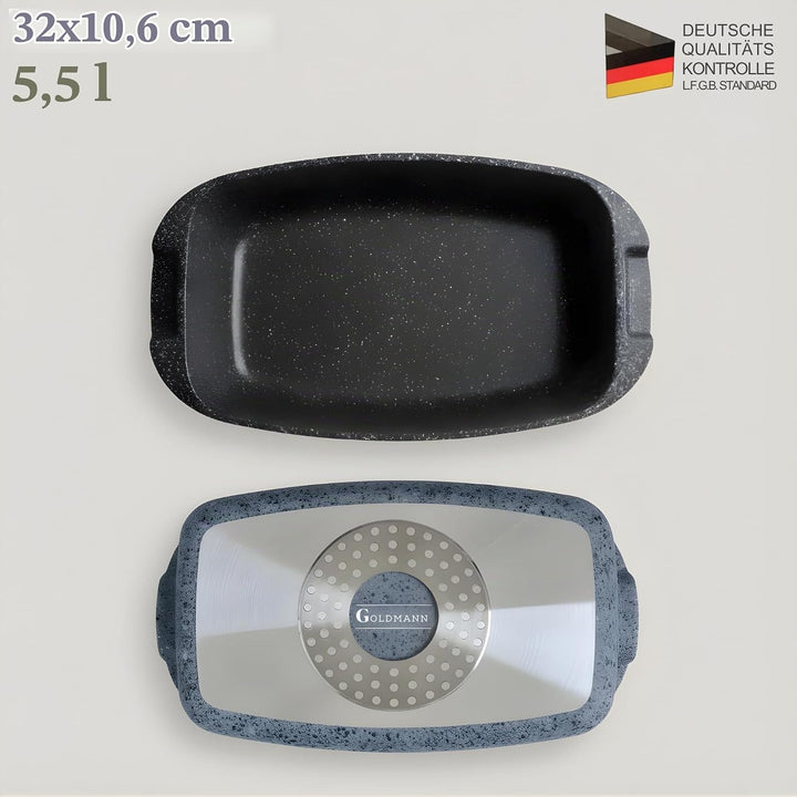 GOLDMANN Premium Bräter 32 CM – 5.5L – Aluminiumguss, Induktion, Antihaft-Marmor-Beschichtung – Aufl