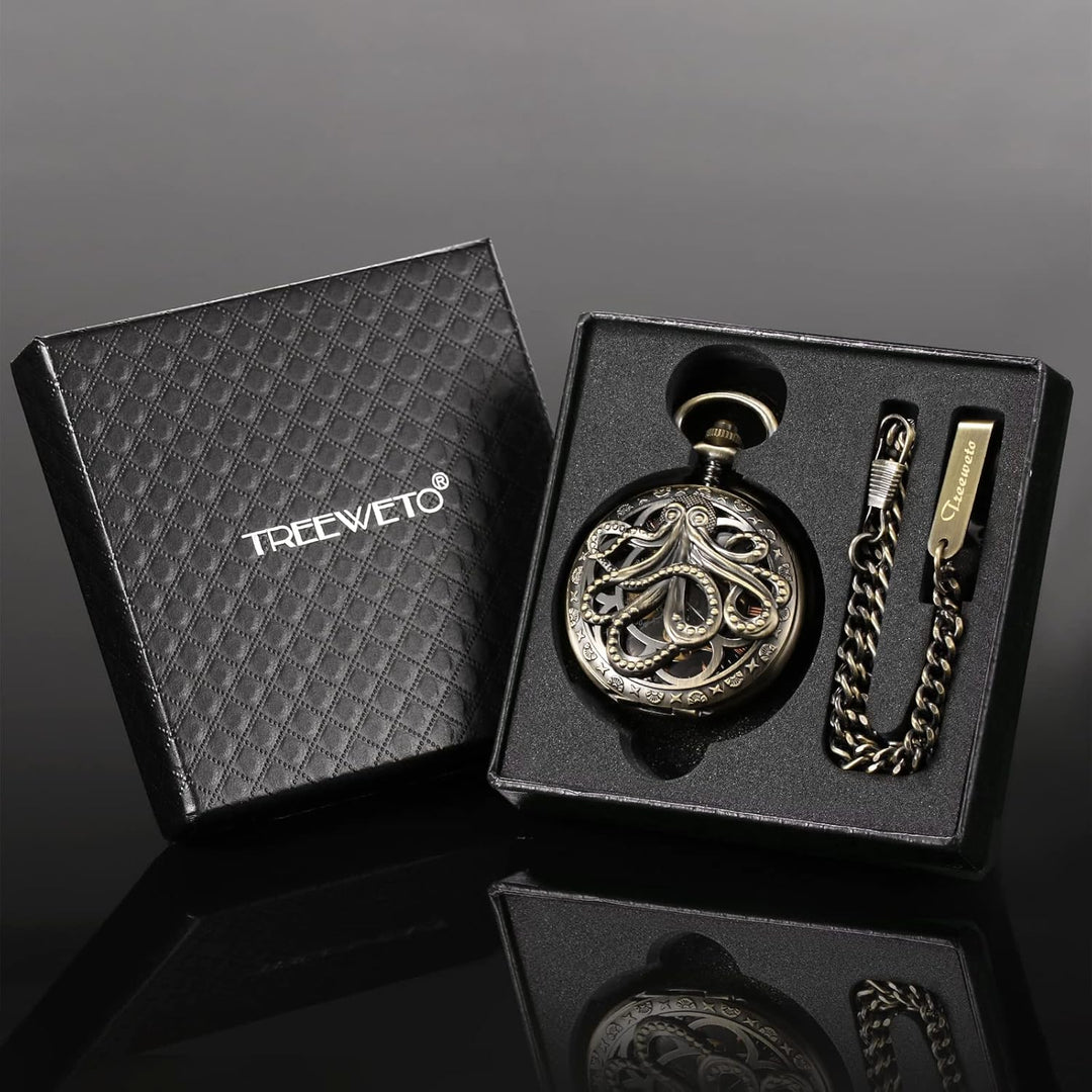 TREEWETO Unisex Mechanische Tintenfisch Taschenuhren für Herren Skelett römische Ziffern Taschenuhr