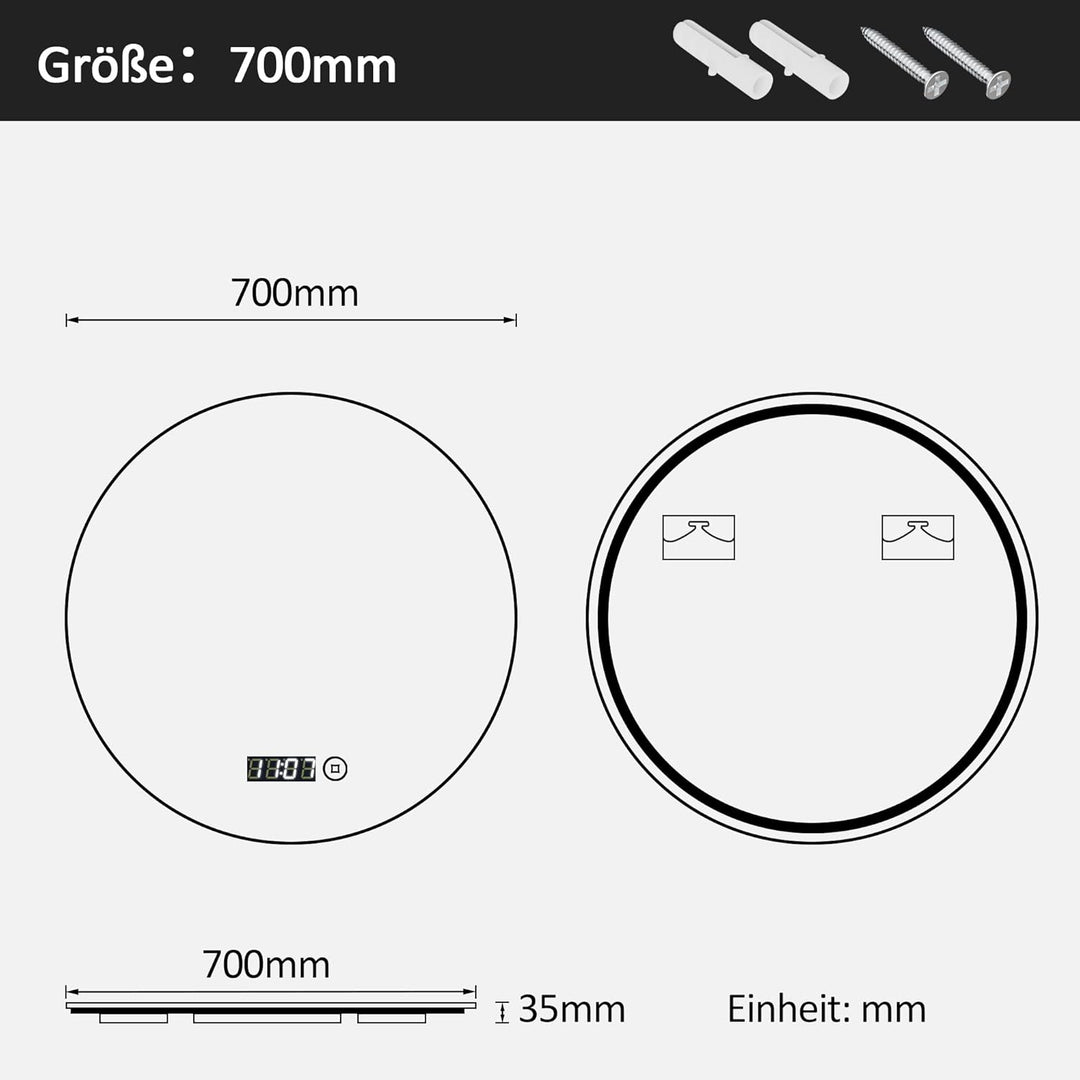 Boromal LED Badspiegel Rund mit Beleuchtung und Uhr Badspiegel 70x70cm Runder Spiegel 3000K-6500K 20