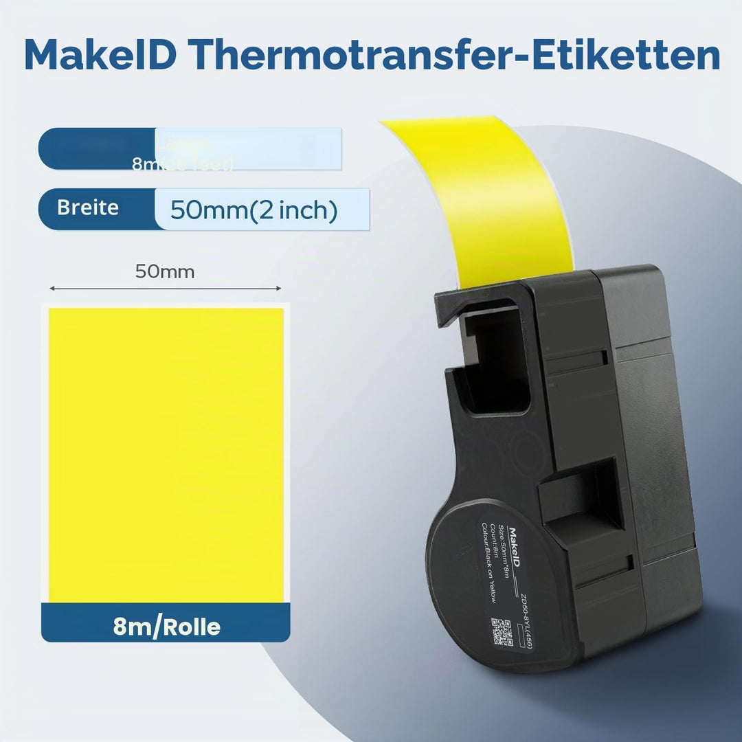 MakeID PET-Etiketten für Industrie-Etikettendrucker D50 – Schwarz auf Gelb, 50 mm x 8 m, Innen-/Auss