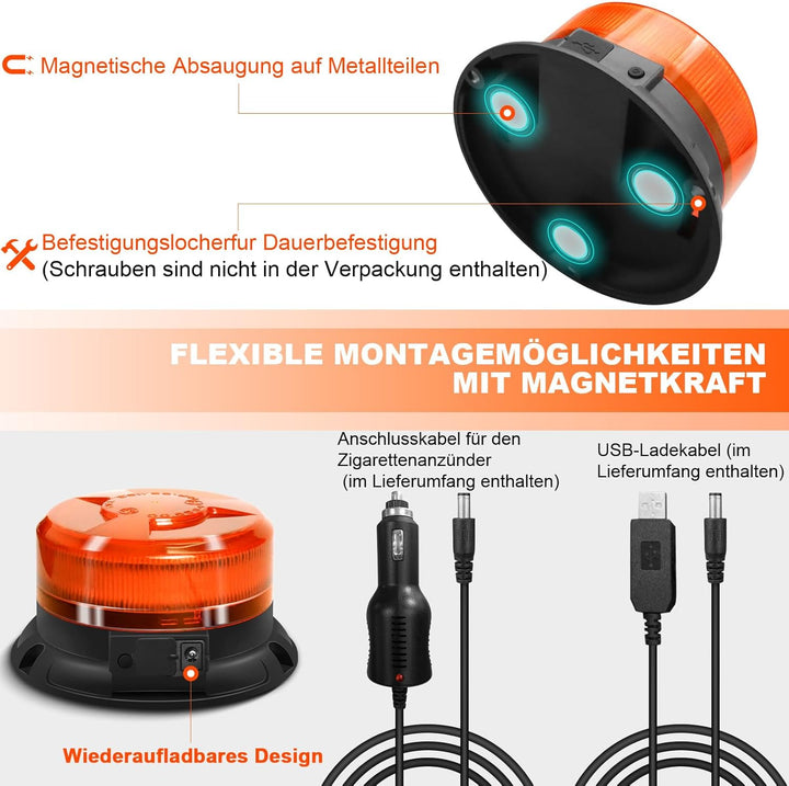 AnTom rundumleuchte akku 9 Blitzmuster 12V 24V Gelb Warnleuchte led magnet mit Autoladekabel und USB