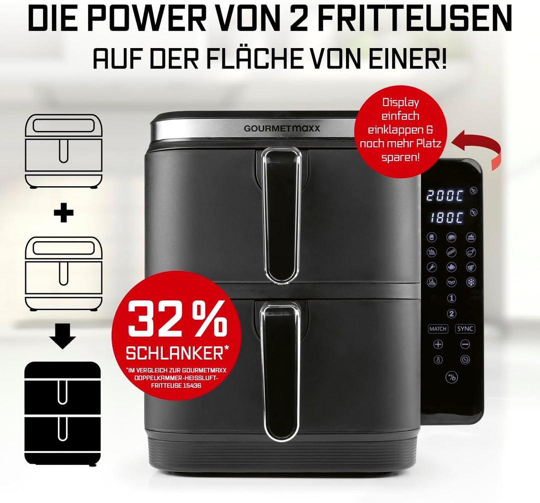 GOURMETmaxx FryUp Vertikale Doppelkammer Heissluftfritteuse | vertikaler Airfryer | klappbares Touch