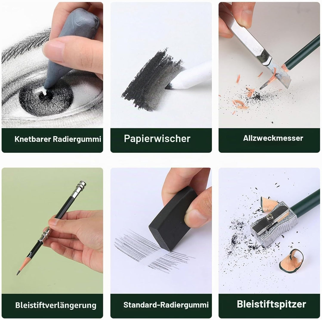 Professionelles Skizzen-Zeichenset 27 Stück, Inkl. Bleistifte 2H-8B, Kohle, Zeichenkohle & Zubehör f