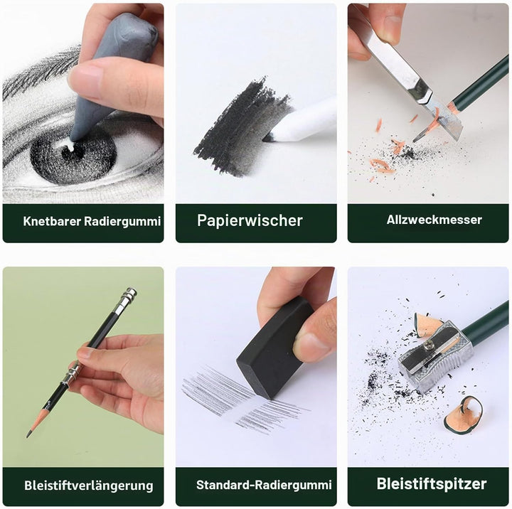 Professionelles Skizzen-Zeichenset 27 Stück, Inkl. Bleistifte 2H-8B, Kohle, Zeichenkohle & Zubehör f