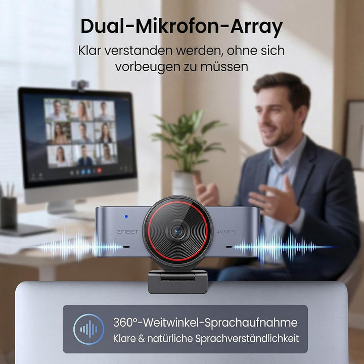 EMEET C960 Ultra 4K Webcam für Mac, 1/1,5” Sensor, Webcam mit Datenschutzabdeckung, 4K@30FPS/1080P@6